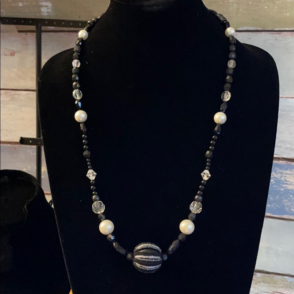 Costume jewelry black and white crystal necklace